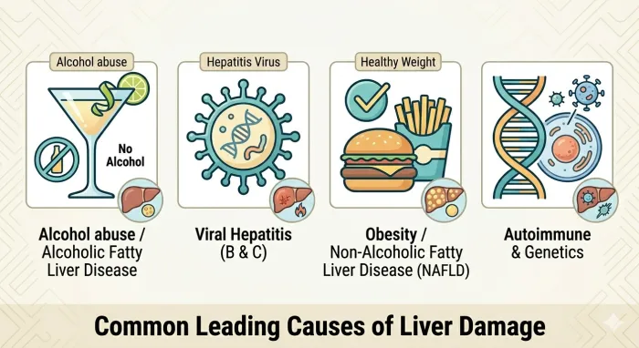 Common causes of liver damage: alcohol, viral hepatitis, fatty liver disease and autoimmune disease