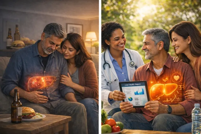 A family learning about liver health with a doctor reviewing a liver health report