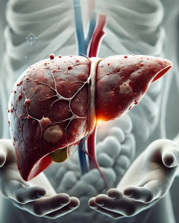Illustration of a liver with cirrhosis showing scarred, nodular tissue