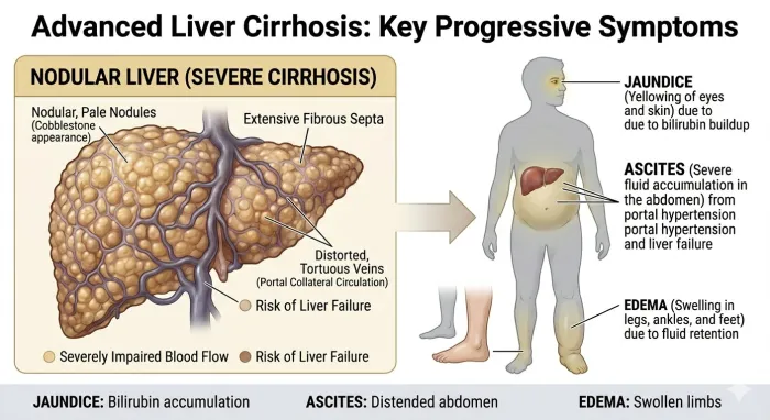 Symptom map showing key physical indicators of advanced liver damage