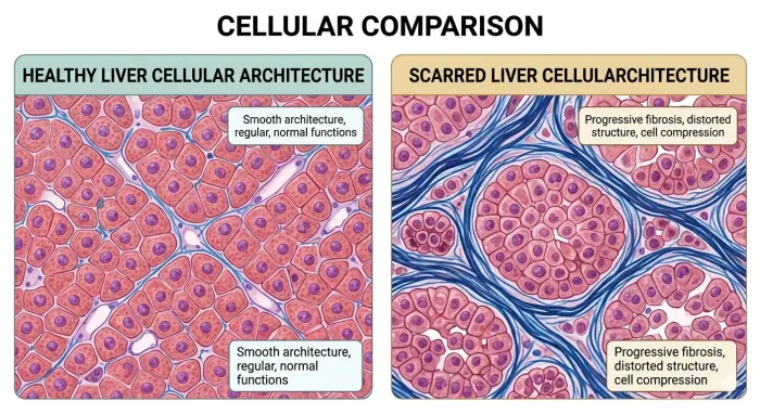 Microscopic view of healthy liver cells surrounded by streaks of fibrotic collagen