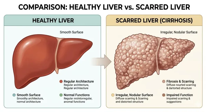 A smooth, healthy liver compared with a nodular, scarred cirrhotic liver