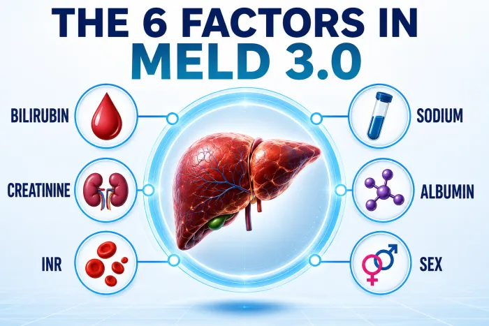 The six inputs of the MELD 3.0 score: bilirubin, creatinine, INR, sodium, albumin and sex