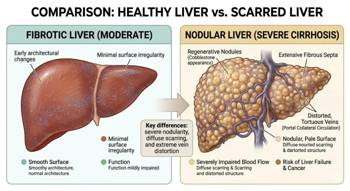 A nodular liver with distorted veins characteristic of cirrhosis