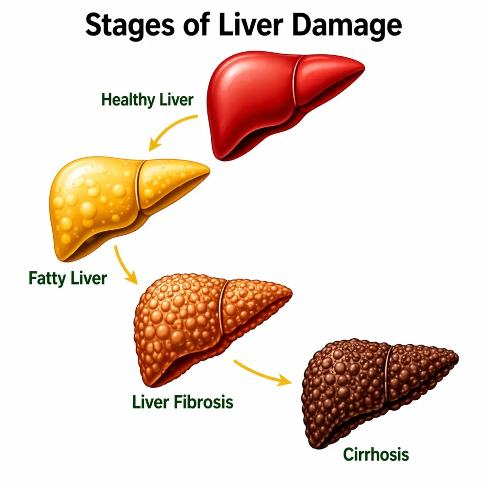 Diagram showing the stages of liver damage from a healthy liver to fatty liver, fibrosis and cirrhosis