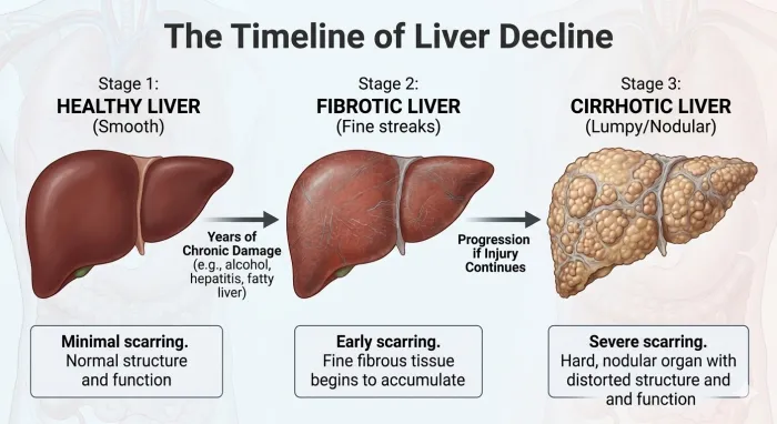 Timeline of liver decline from a healthy liver through fibrosis and cirrhosis to transplant
